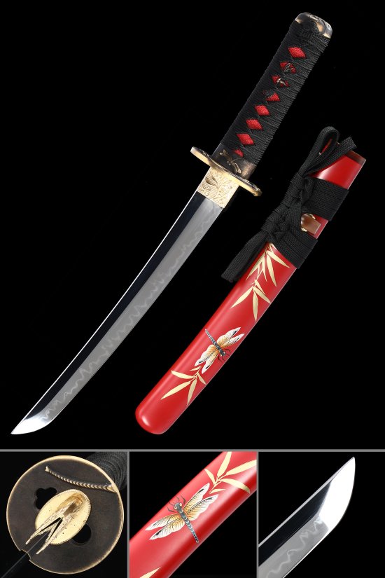 T10 Carbon Steel Japanese Tanto with Red Lacquered Dragonfly Saya - Hand-Forged Hamon Blade