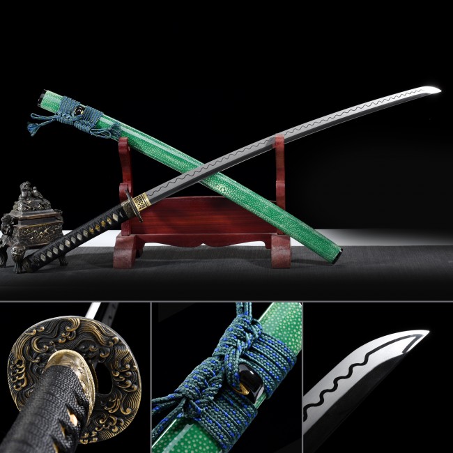Damascus Steel Japanese Katana with Green Ray-Skin Saya - Copper Wave Tsuba, Full Tang