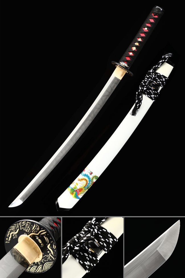 T10 Carbon Steel Wakizashi with Real Hamon - White Lacquer Saya, Tiger Tsuba, Black-Red Tsuka