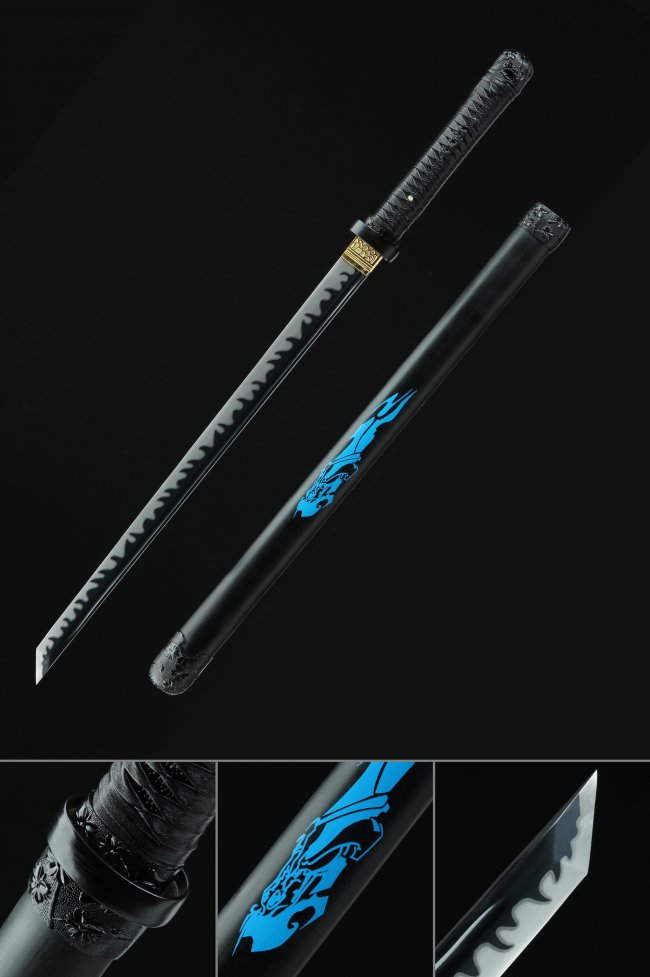 Ninjato Ninja Sword in Manganese Steel with Black Blade & Blue Dragon Saya