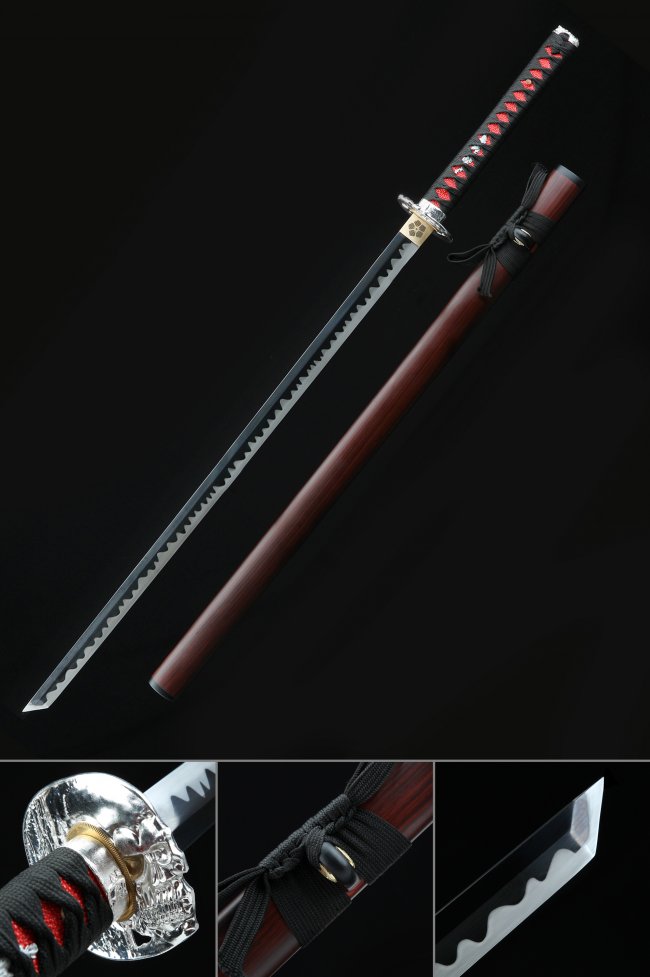 Manganese Steel Ninjato with Black Serrated Blade, Skull Pommel & Dark Red Hardwood Saya