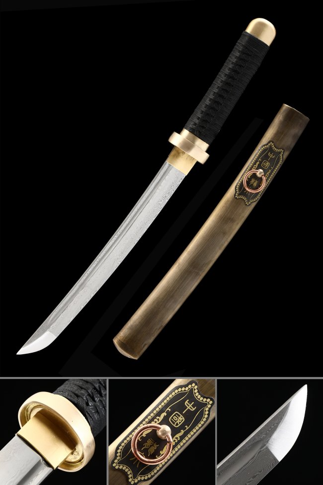 Damascus Steel Tanto with Bronze Saya, Gold Tsuba & Black Cord Handle - Modern Collectible