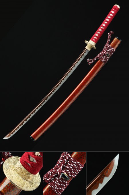 Handmade Pattern Steel Red Blade Japanese Samurai Katana Sword With Red Scabbard And Copper Tsuba