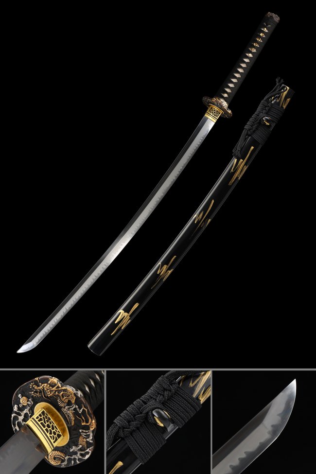 T10 Carbon Steel Katana with Dragon Tsuba in Black & Gold Lacquer Saya - Full Tang, Real Hamon