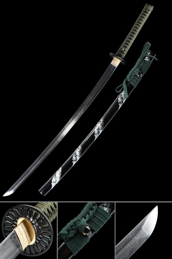 Damascus Steel Katana with Hamon Blade - Green-Black Tsuka, Black Lacquer Saya, Geometric Tsuba