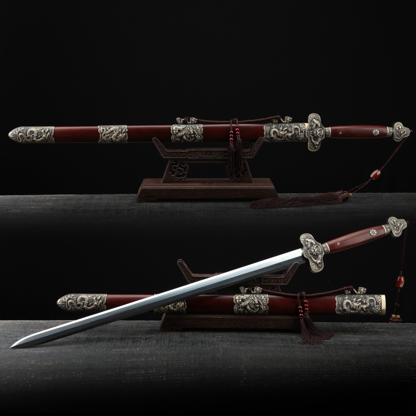 Qing Dynasty Sword Handmade Red Rosewood Chinese Dragon Theme