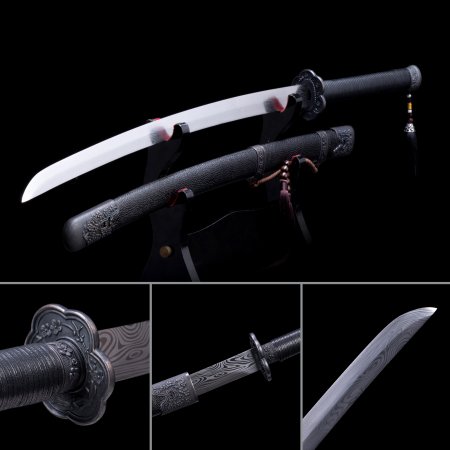 Handmade Chinese Dao Sword High Manganese Steel With Black Leather Scabbard