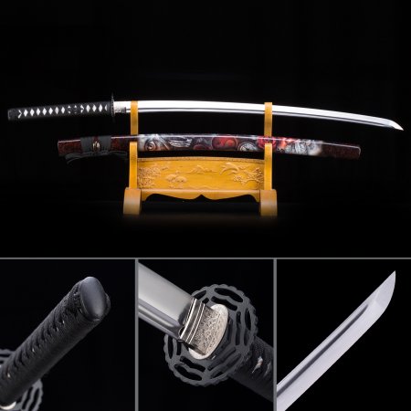 Handmade Japanese Nihonto Samurai Sword With Dark Red Skull Scabbard