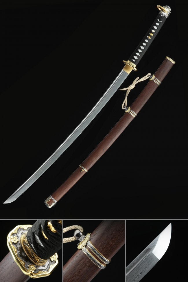 Damascus Steel WW2 Shin Gunto Katana with Brown Hardwood Saya - Gold Ornate Tsuba, Black Ito