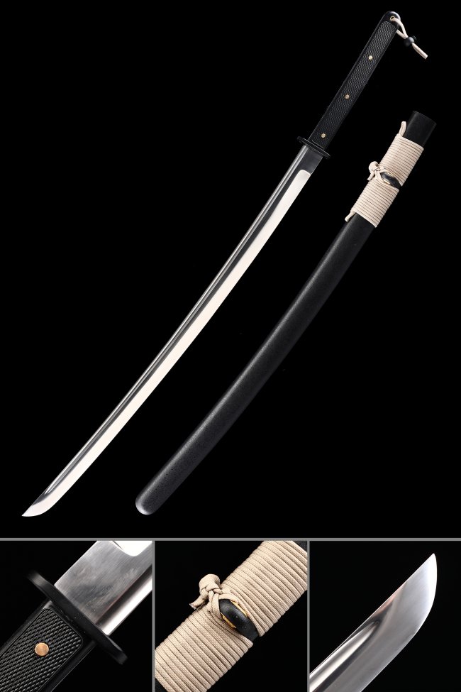 Manganese Steel Katana with Black Matte Hardwood Saya and Beige Sageo - Tactical Style