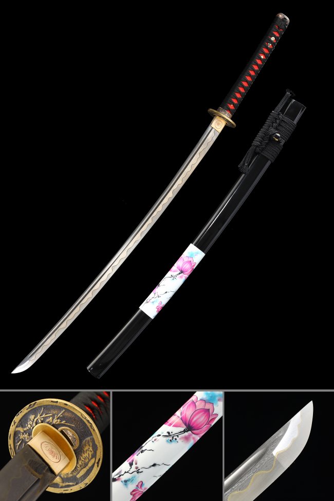Damascus Pattern Steel Katana with Plum Blossom Gold Tsuba - Black-Red Handle, Floral Lacquer Saya