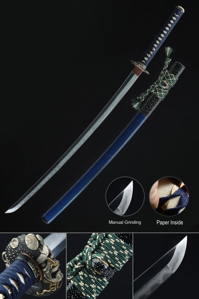 Damascus Steel Hamon Katana with Blue Saya, Dragon Tsuba in Silver & Green Sageo