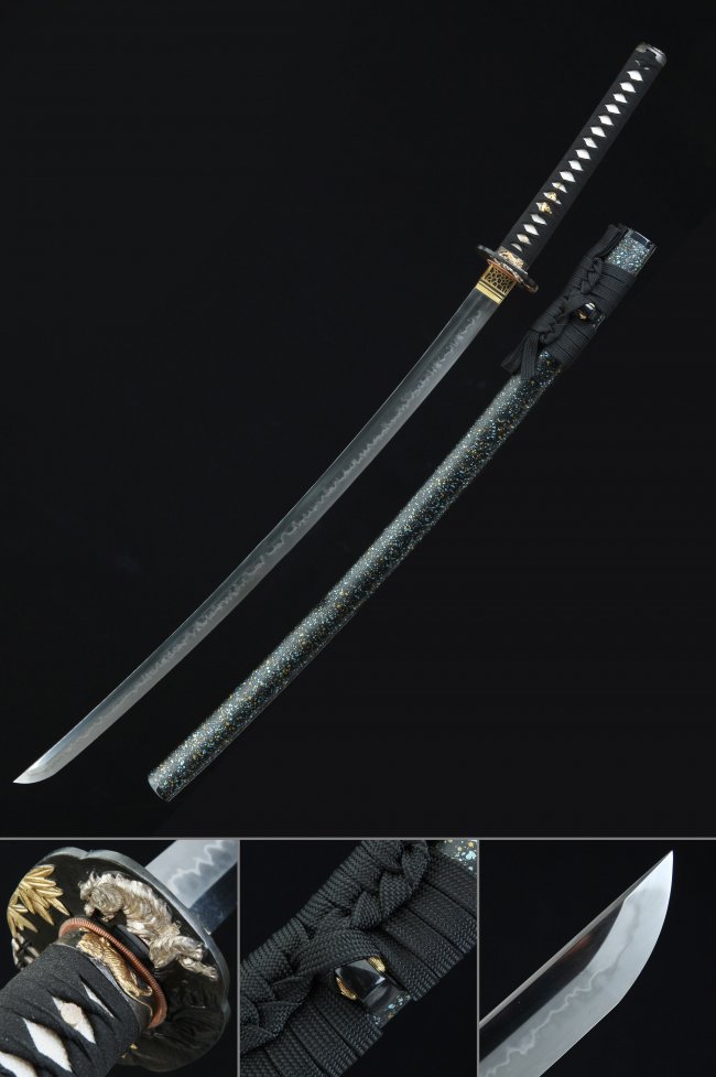 T10 Carbon Steel Katana with Tiger Tsuba in Black - Real Hamon, Full Tang, Marble Saya