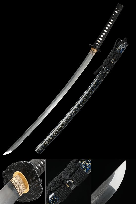 Damascus Steel Full Tang Katana with Black-Gold Ornate Scroll Tsuba in Black-Blue Lacquer Saya