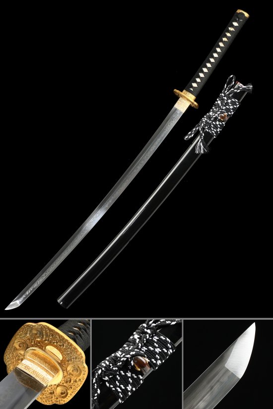 Ornate Scroll Tsuba T10 Carbon Steel Katana, Real Hamon, Full Tang & Handcrafted