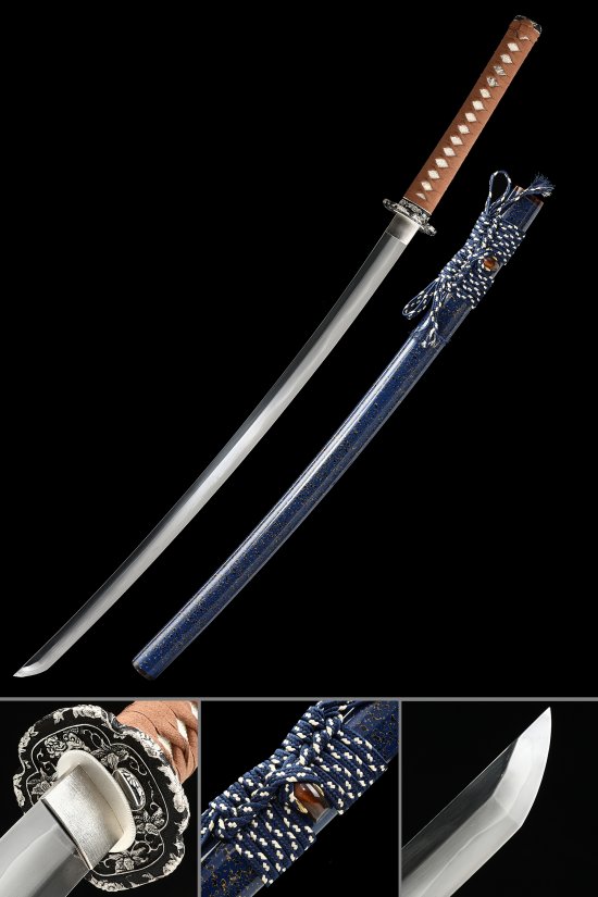 Flower Tsuba T10 Carbon Steel Katana, Hand Forged, Blue Saya & Brown Tsuka
