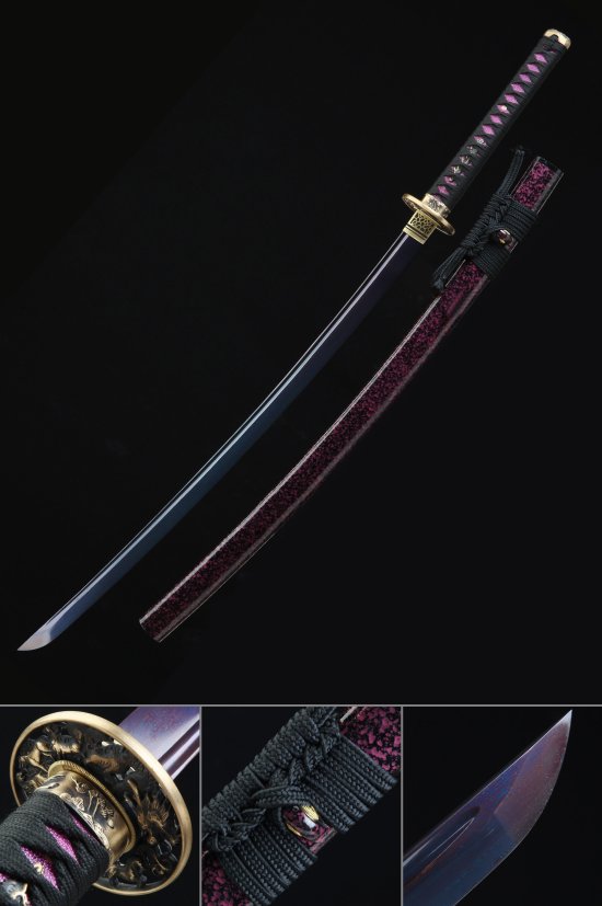 Damascus Steel Katana with Purple Blade, Black-Purple Saya & Gold Dragon Tsuba