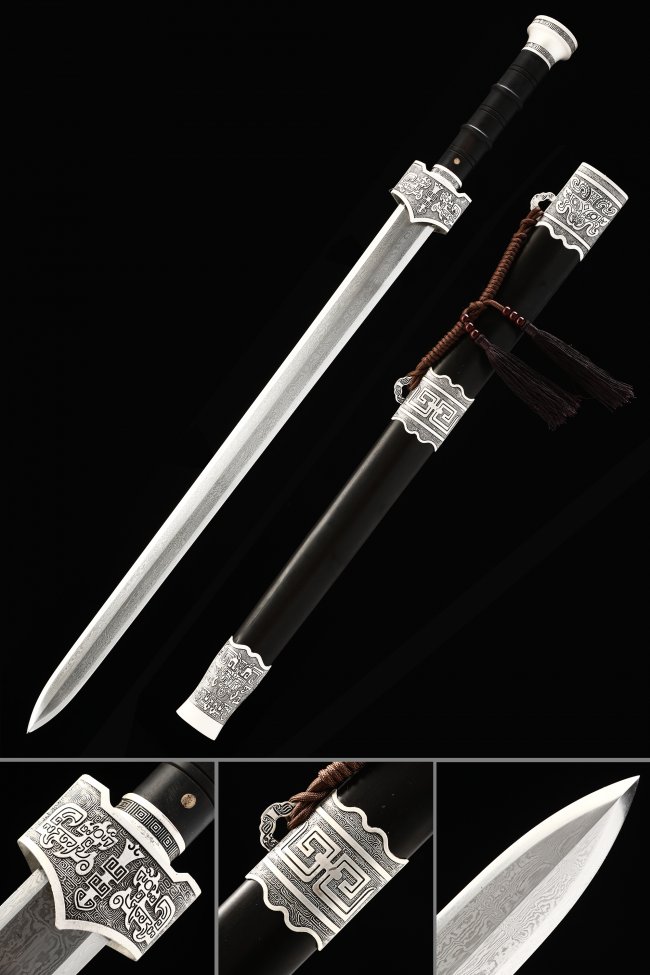 Han Dynasty Jian - Damascus Steel Double Edged Chinese Sword With Blackwood Scabbard & Silver Fittings 34 Inches