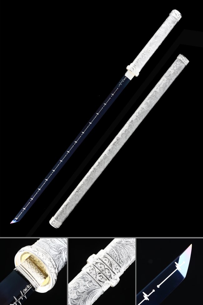 Ninjato Straight Sword in High Manganese Steel with Dark Blue Blade - Silver Engraved Shirasaya