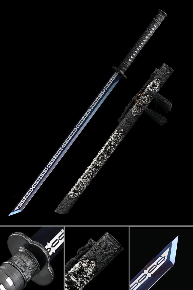 1095 Carbon Steel Straight Ninja Sword with Blue Blade, Black Cord Handle & Dragon Saya