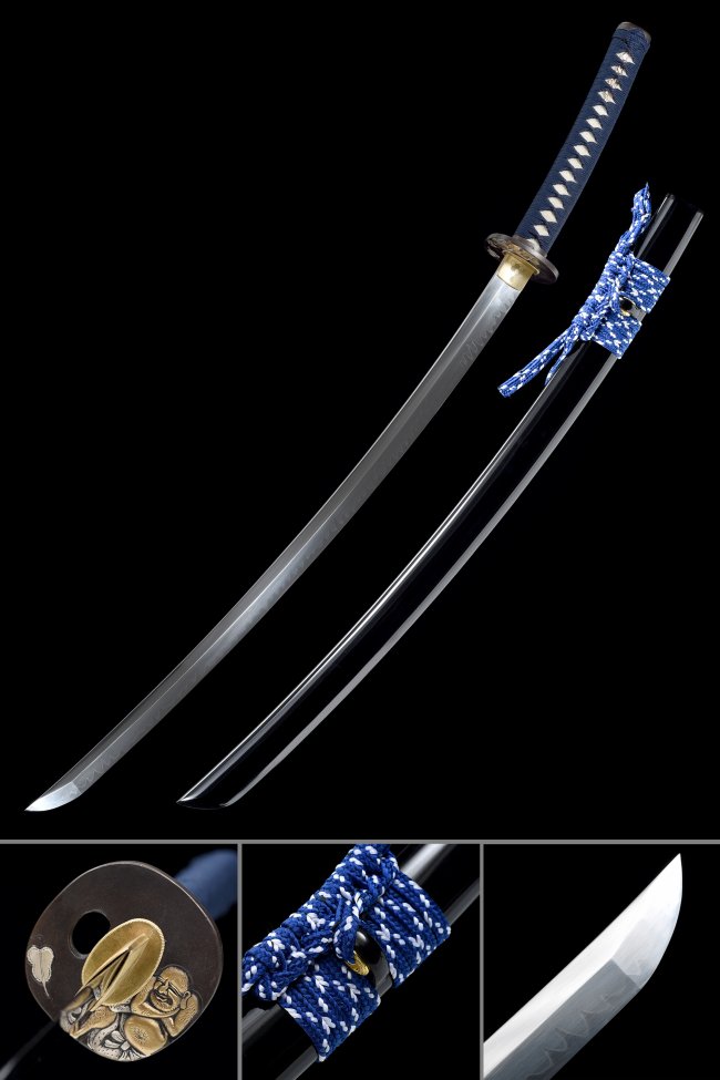 Samurai Tsuba T10 Carbon Steel Katana, Real Hamon, Handmade & Black Saya