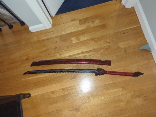 Handmade Japanese Katana Sword With Red Scabbard And Leopard Tsuba