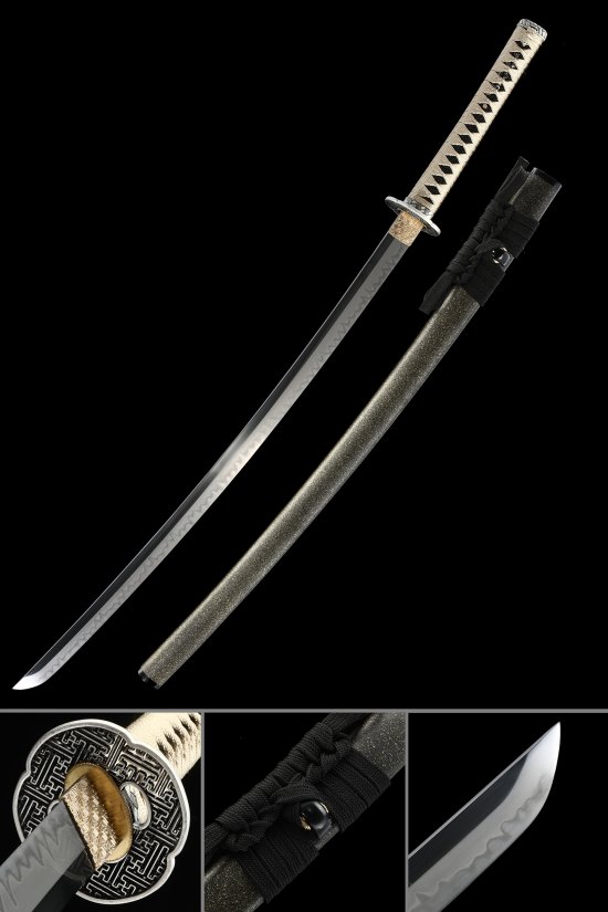 T10 Carbon Steel Katana with Marble-Finish Saya - White Ito, Geometric Tsuba, Full Tang