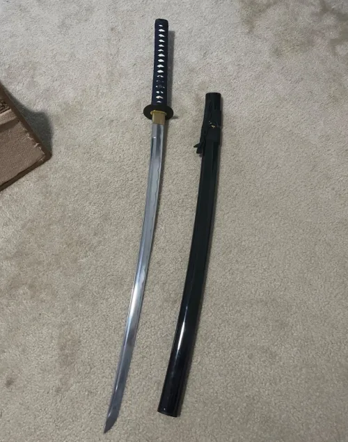 Black Aluminum Practice Katana - Unsharpened 41-Inch, Iron Tsuba, Dark Blue Handle, Training Sword
