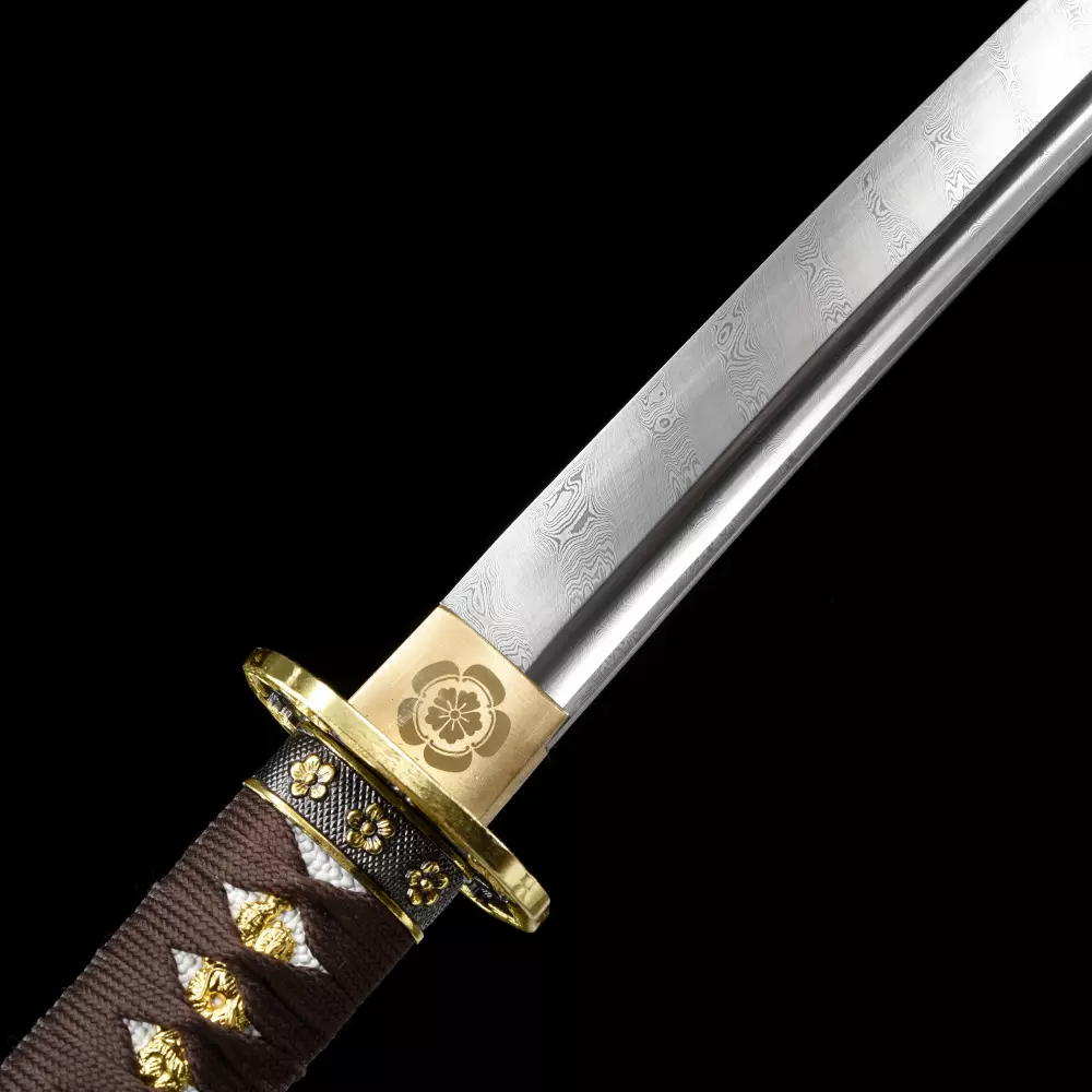 Kodachi Sword | Damascus Steel Tachi Sword with Brown Saya, Black