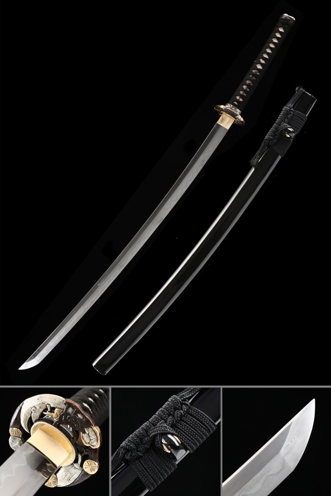 Damascus Steel Clay Tempered Katana with Real Hamon - Guan Yu Gold Tsuba, Black Saya, Full Tang