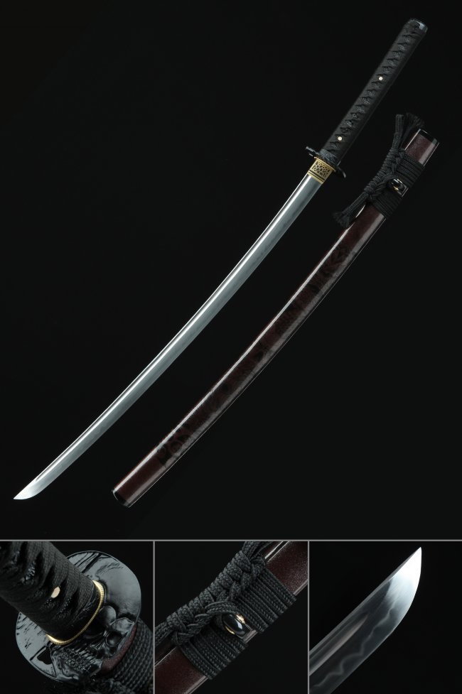 T10 Folded Clay Tempered Katana with Real Hamon - Skull Tsuba in Dark Brown Scabbard with Black Ito Wrap