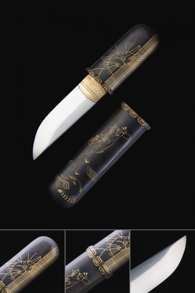 T10 Steel Pocket Tanto with Gold Cat-Engraved Black Lacquer Saya - Aikuchi Collectible Knife
