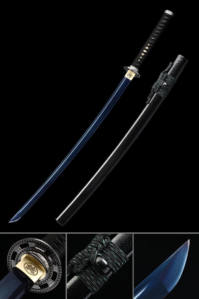 Blue Blade Manganese Steel Katana with Black Leather-Wrapped Saya and Alloy Tsuba - Full Tang Collectible Sword