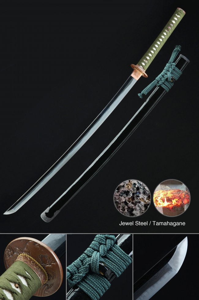 Tamahagane Steel Katana with Clay Tempered Hamon - Green Ito, Copper Tsuba, Black Lacquer Saya