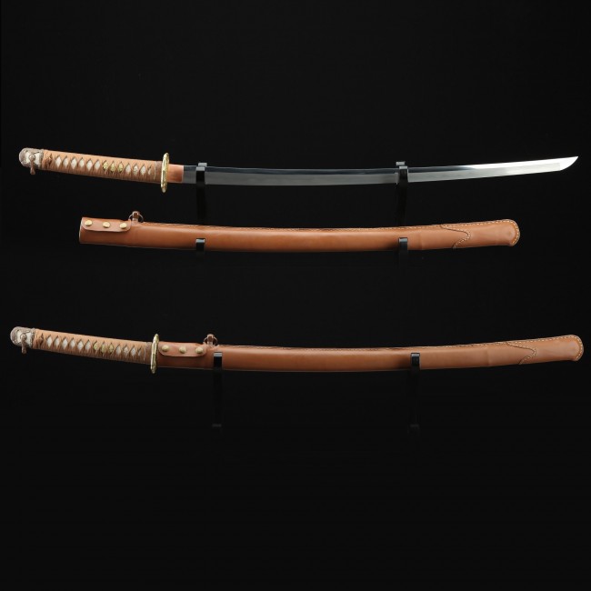 WWII Type 98 Shin Gunto Katana in Damascus Steel with Brown Leather Saya - Gold Tsuba Officer's Replica