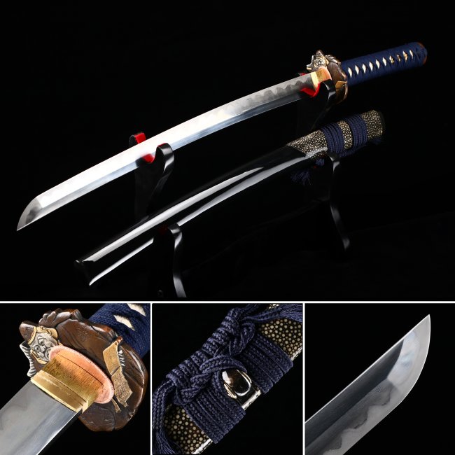 Damascus Steel Wakizashi with Oni Tsuba - Real Hamon, Dark Blue Ito, Koshirae Style