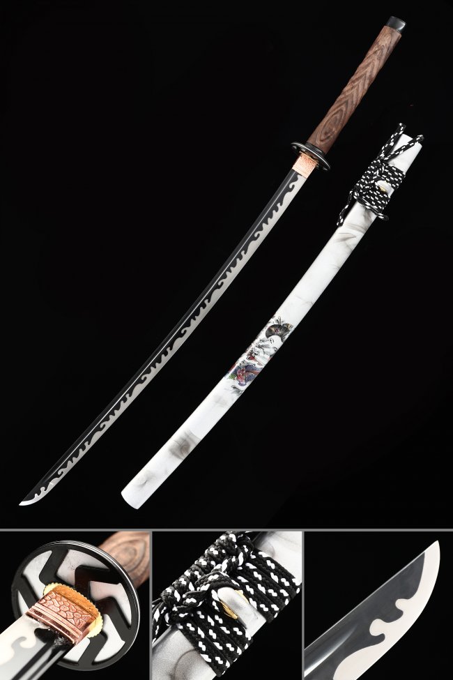 Manganese Steel Black Blade Katana with White Marble Saya - Wave Tsuba & Brown Carved Handle
