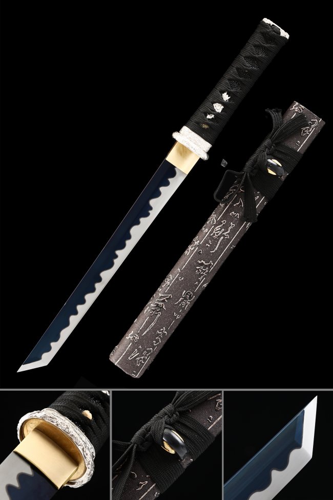 Manganese Steel Hamidashi Tanto with Blue Blade and Kanji-Engraved Brown Saya - Full Tang Collectible