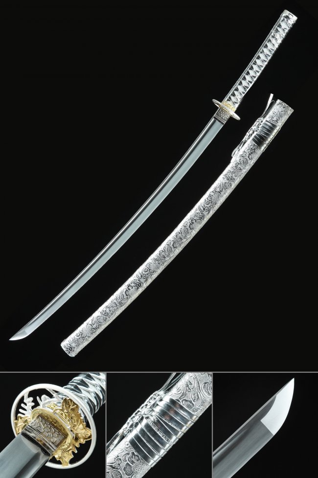 Ornate Scroll Tsuba Manganese Steel Katana, Handmade, Silver Vine Saya & Silver White Tsuka