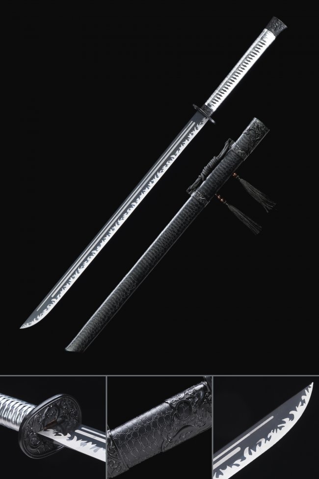 Ninjato Replica in High Manganese Steel with Black Blade, Dragon Saya & Silver Ito Wrap