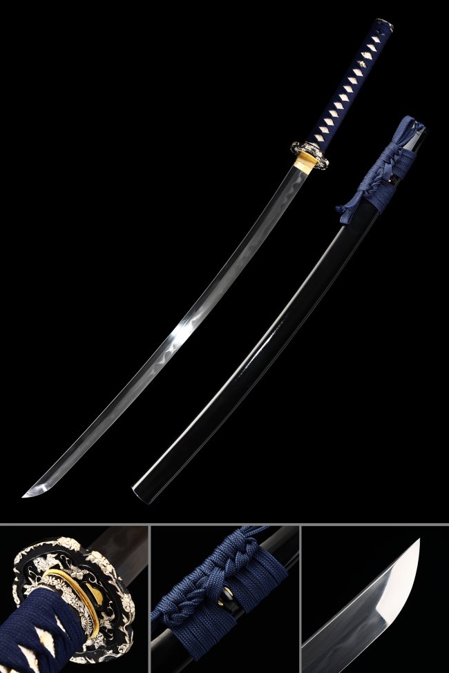 T10 Steel Katana with Clay Tempered Blade, Real Hamon - Blue Ito & Black Lacquer Saya
