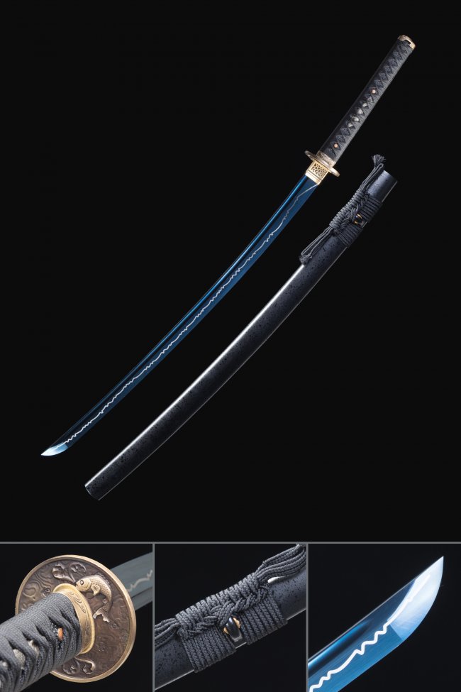 Blue Blade Katana Sword - Manganese Steel Full Tang with Brass Fish Tsuba in Black Saya