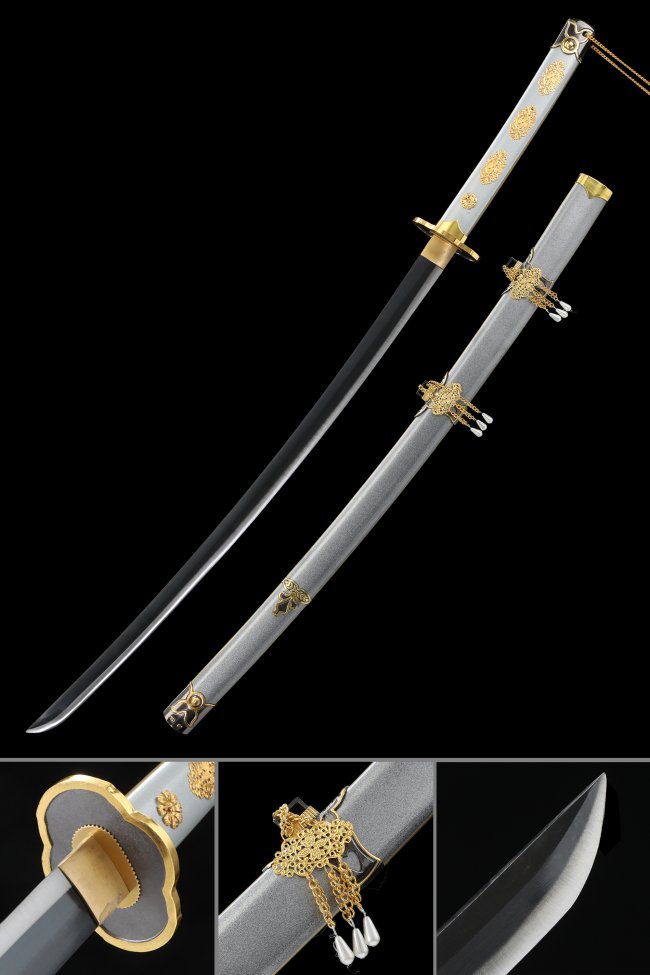 1060 Carbon Steel Tachi Sword with Silver Matte Saya - Touken Ranbu Tsurumaru Kuninaga Replica in White-Gold