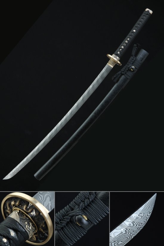 Full Tang Katana with Folded Melaleuca Steel Blade - Gold Snake Tsuba, Black Saya
