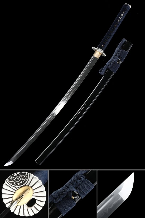 Cloud Tsuba T10 Carbon Steel Katana, Full Tang, Hand Forged & Black Saya
