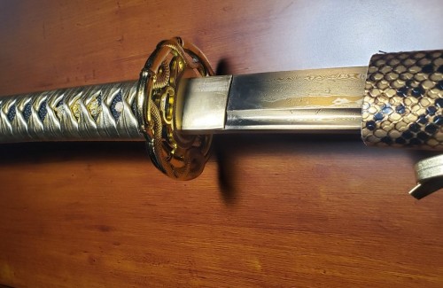 Handmade Japanese Sword Damascus Steel With Golden Blade And Snake Style Scabbard
