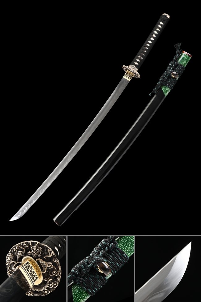 Damascus Steel Katana with Real Hamon, Dragon Tsuba in Gold-Silver, Black Saya & Green Sageo