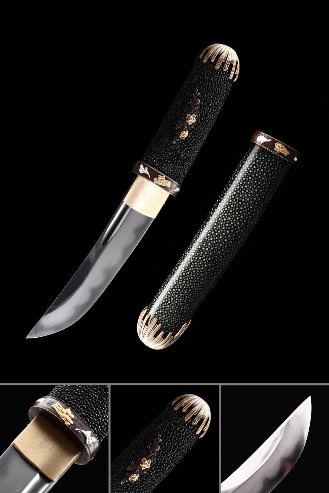 Damascus Steel Tanto Aikuchi with Real Rayskin Saya - Black Samegawa, Gold Fittings