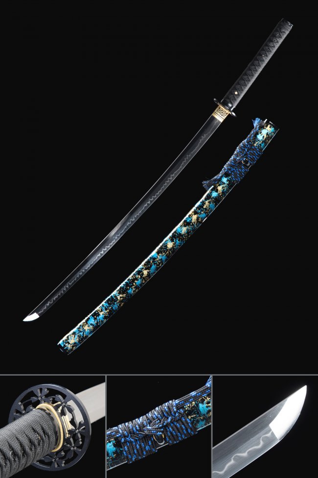 Chrysanthemum Tsuba T10 Carbon Steel Katana, Handmade, Blue Black Dragon Saya & Black Tsuka