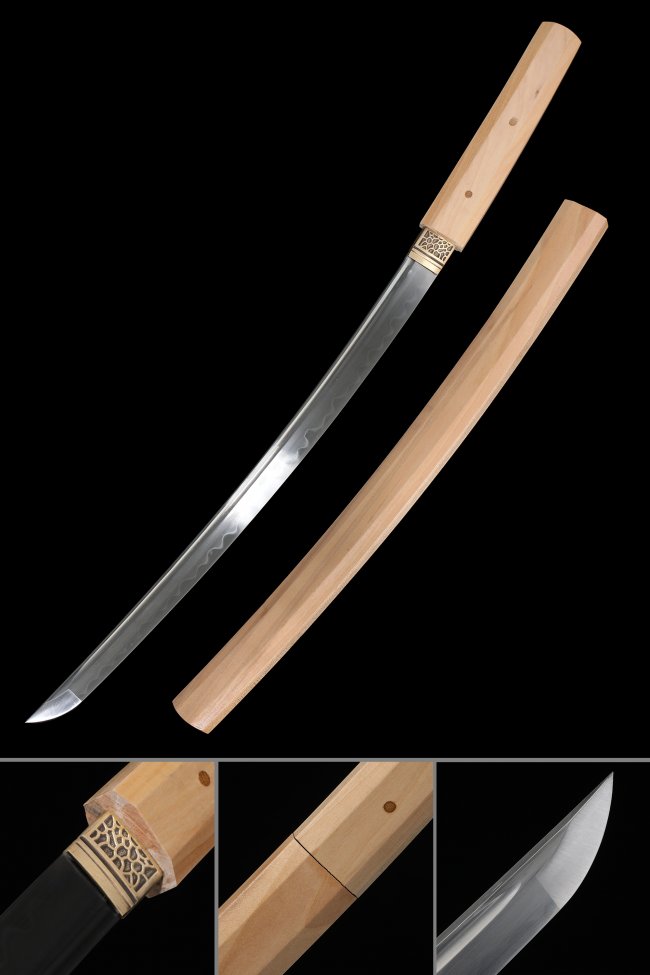 T10 Carbon Steel Shirasaya Wakizashi with Natural Hardwood Saya - Gold Geometric Tsuba